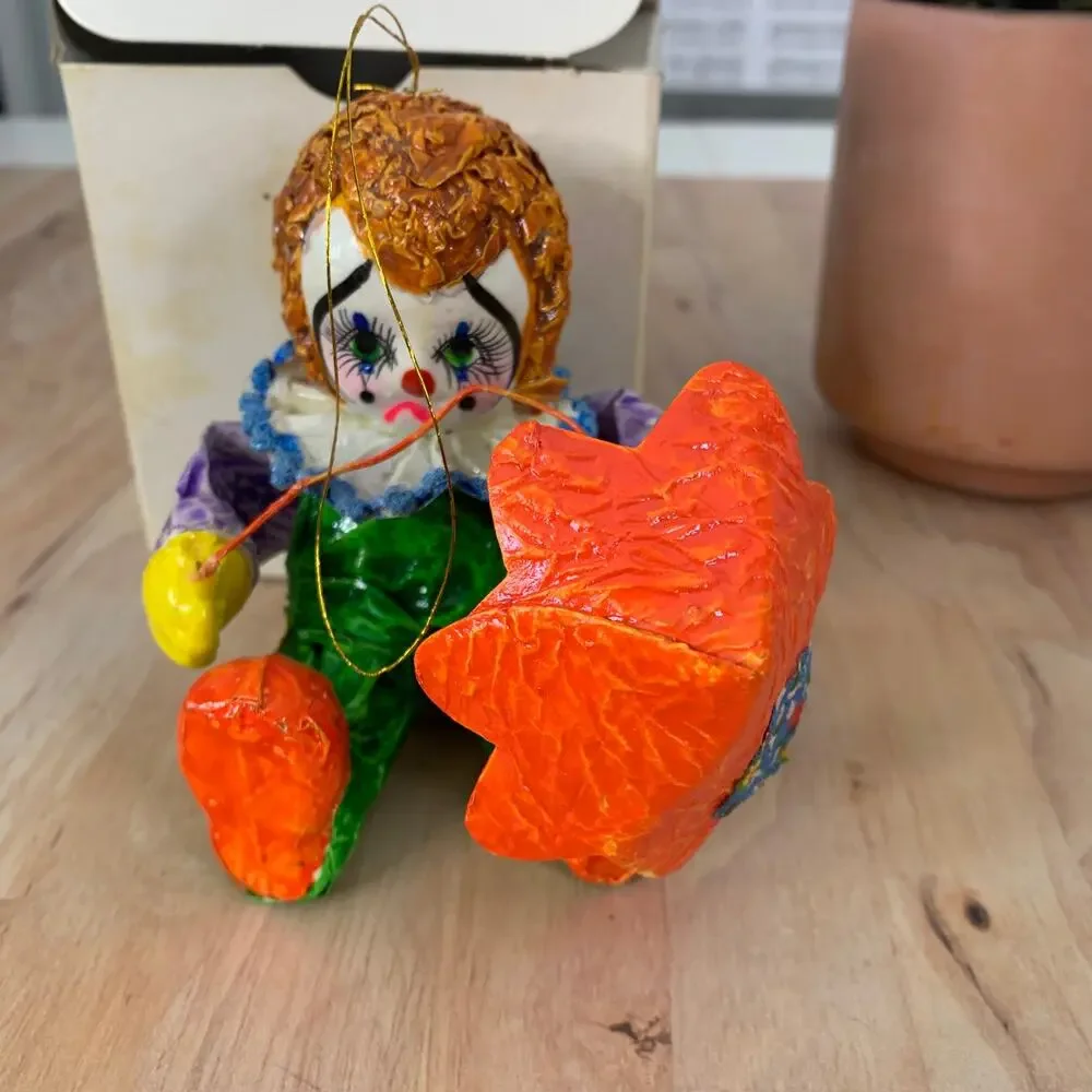 Vintage Sad Clown with Orange Umbrella Christmas Ornament